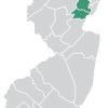 Outline map of New Jersey’s counties with one county highlighted in green
