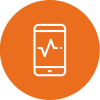 Icon of a smartphone showing a heartbeat line, on an orange circle