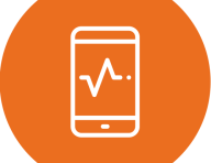 Icon of a smartphone showing a heartbeat line, on an orange circle