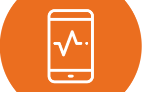 Icon of a smartphone showing a heartbeat line, on an orange circle