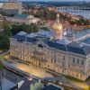 The New Jersey State House in Trenton seen from above at dusk