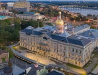 The New Jersey State House in Trenton seen from above at dusk