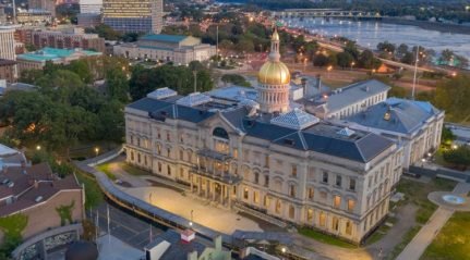 The New Jersey State House in Trenton seen from above at dusk