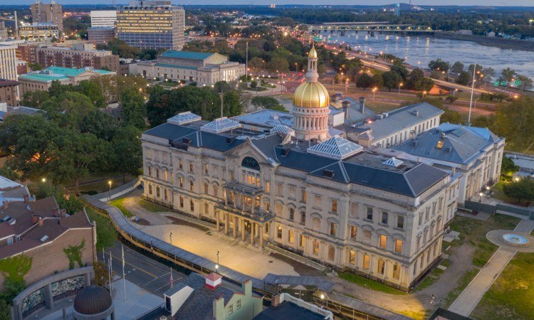 The New Jersey State House in Trenton seen from above at dusk