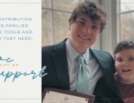 A card reading ‘Give the Gift of Support’ beside a photograph of a young man and a boy