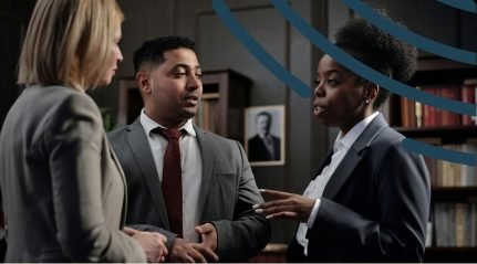 Three professionals in suits talking in a library
